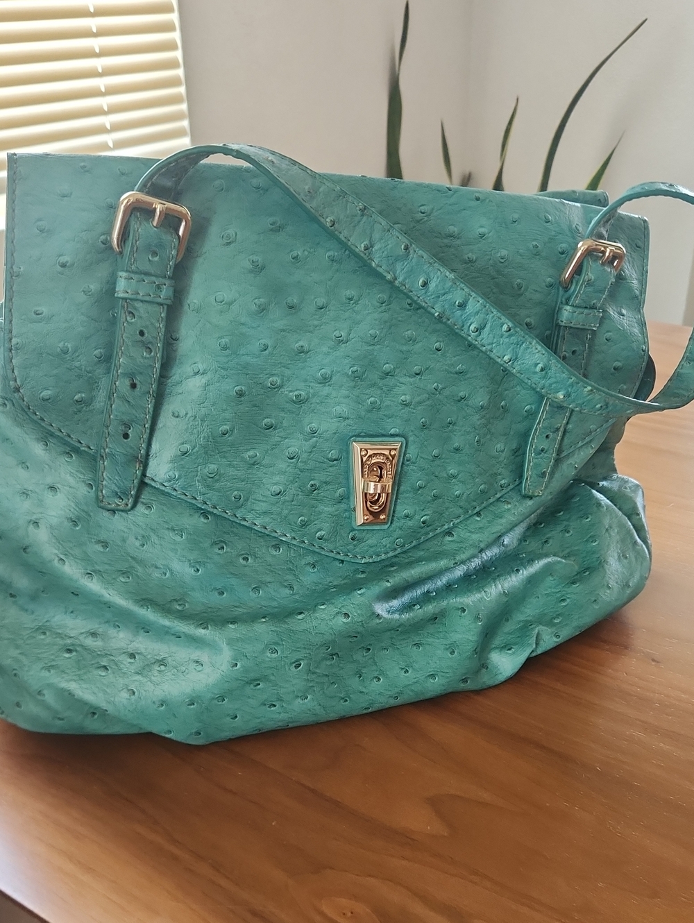Marc Jacobs Teal Ostrich-Textured Shoulder Bag with Silver Hardware
